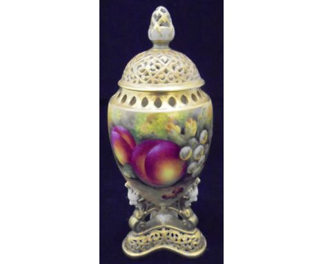 A Royal Worcester pot pourri vase decorated with peaches, redcurrants and gooseberries on a mossy bank by Edward Townsend dat