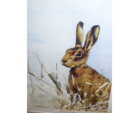 A box of assorted pictures to include AFTER E. R. GEMMELL "Hare in the snow", coloured limited edition print No'd. 19/250, si
