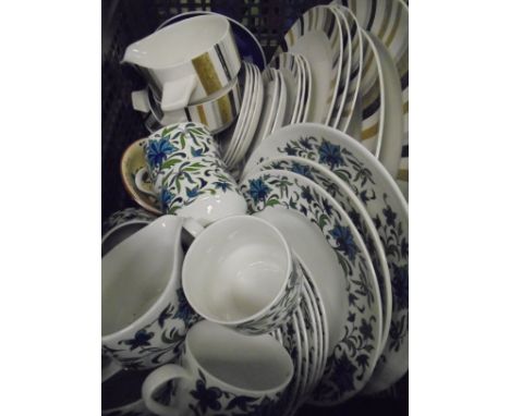 A box of various Midwinter china, a box of various animal figures, a box of various seashells to include conches, carved conc