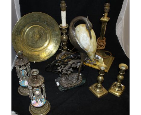 An early 20th Century brass table lamp by Revo no'd "AP727A", a gilt brass candlestick table lamp, a pair of Sevres style ble