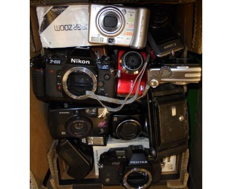 Four boxes and contents of various cameras, photographic lamps, slide projector and other photographic equipment