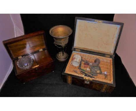 An early 19th Century rosewood sarcophagus shaped tea caddy with single section and mixing bowl, together with a Victorian pa