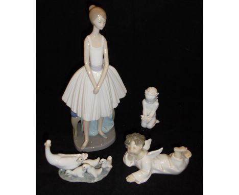 A Nao figurine of ballet dancer, a Lladro figural group of swan and ducklings, together with a B & G figure of a putti and a 