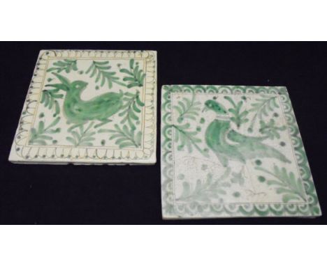 Two Jiacomo Alessi Sicilian tiles in the medieval style, one depicting a rabbit, the other a bird, both signed "Alessi Caltag