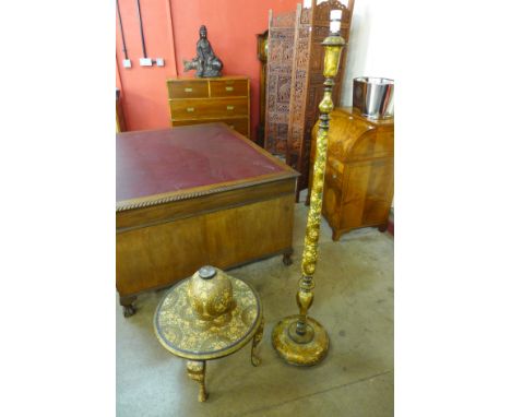 An Indian papier mache standard lamp, table lamp base and occasional table