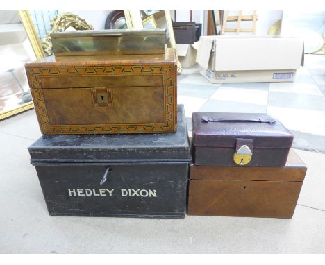A Victorian walnut tea caddy, inlaid work box, brass cigarette box, etc. (5)