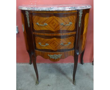 A French Louis XV style mahogany and marble topped demi-lune petit commode