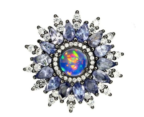 A 925 silver cluster ring set with opal, tanzanite and white stones, Dia. 2.5cm, (N.5).