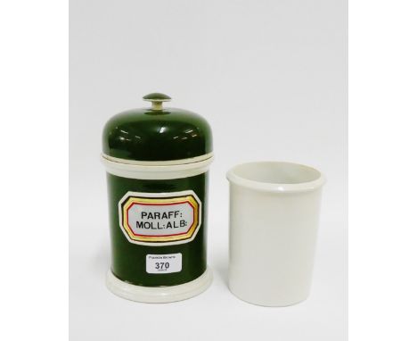 Green glazed three part ceramic pharmacy jar with gilt edged label Paraff; moll; alb, 22cm overall