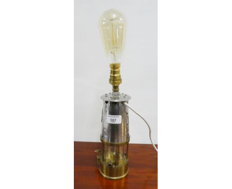 Eccles miners safely lamp, converted to electric lamp base