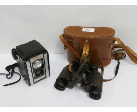 Vintage Kodak Duaflex II camera together with a pair of binoculars in a brown leather case, (2) 
