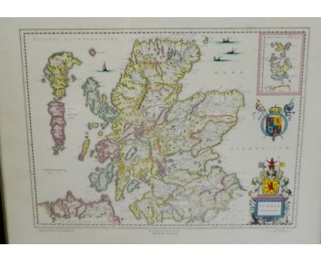 After Willem and Johan Blaeu Framed coloured map of Scotia,  in a glazed and ebonised frame, 60 x 50cm 