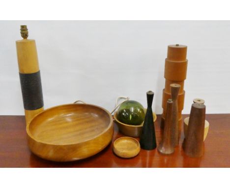 Collection of mid century teak and wooden table lamp bases together with two teak bowls and glass float etc., (a lot) 