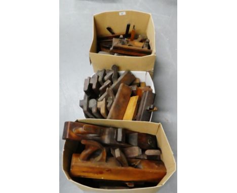 Three boxes containing a large quantity of vintage woodworking planes etc., (3) 