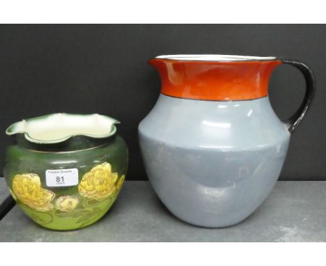Colonial pottery 'Kelmscott' patterned Art Nouveau planter, 14cm high, together with a large Staffordshire lustre jug, (2) 
