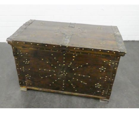 Stained pine trunk with brass stud work pattern, 50 x 80cm 