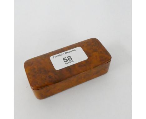 Early 19th century Wilson & Amphlet burrwood snuff box with lead lining and makers mark to the interior, 9.5cm long 