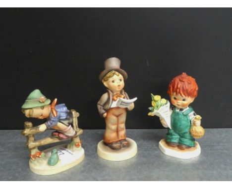 Three Hummel figures to include 'Retreat to Safety' and 'Street Singer' etc., tallest 13cm, (3) 