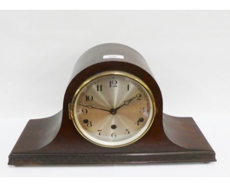 Mahogany cased mantle clock with silvered dial and Arabic numerals