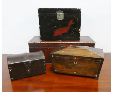 Carton containing miscellaneous boxes to include a rosewood tea caddy, lacquered box etc., (4)