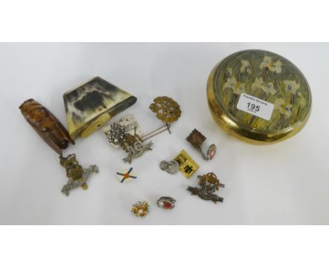 Mixed lot to include a collection of Military badges and buttons, together with brooches, flask, fruit wood locust, all conta