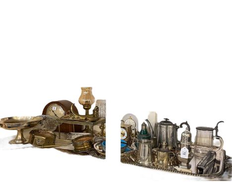Collection of silver plate including Arts & Crafts pedestal bowl and large tray, brassware, including warming pan and chestnu