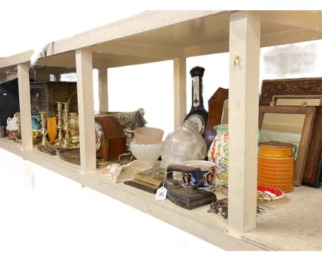 Collection of Brassware including three pairs of candlesticks, two coal helmets and log box, oak mantel clock, barometer, mir