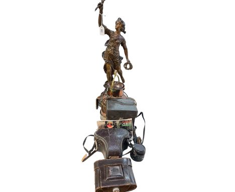 Brass and copper ships lamp, spelter table lamp, vintage cameras, etc.