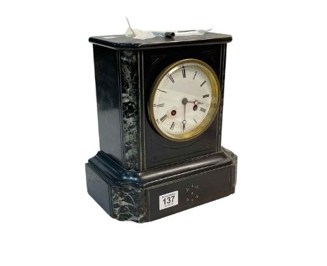 Late Victorian slate and marble mantel clock with enamel dial.