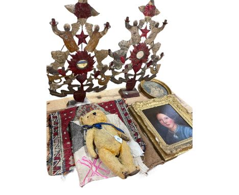 Portrait oil, vintage teddy bear, saddle bag, nativity candle holders, etc.