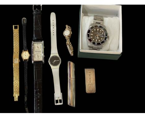 Six wristwatches, silver money clip and toothpick case (8).