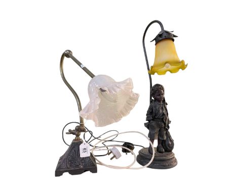 Two table lamps including Edwardian angle lamp converted for electricity, etc.