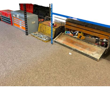 Eight tool boxes and tools including carpenters tool box, socket set, etc.