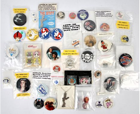 TV & Film badge collection. Ghostbusters, Dick Spanner, Superman, The Professionals, The X-Files, Blakes 7, Sooty, Thames TV,