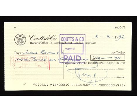 Peter Cushing (1913-1994). Coutts & Co cheque, 1992 - handwritten and signed by the actor in his familiar blue ink, drawn on 