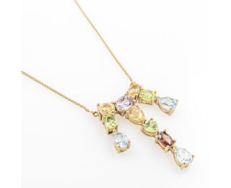 8 kt Gold Collier mit Farbsteinen,   GG 333/000, Abhängung bes. mit 3 Citrinen, 3 Peridots, 3 Topasen, einem Amethyst und ein
