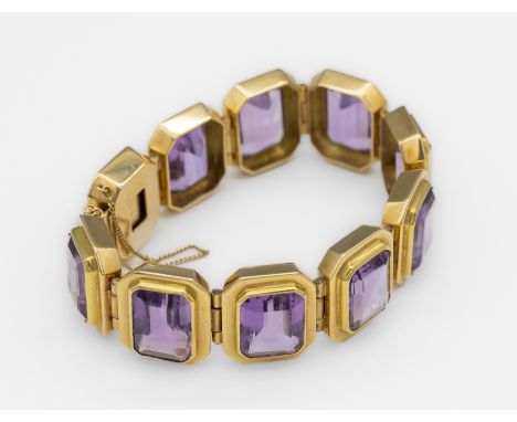 14 kt Gold Amethyst-Armband,   GG 585/000, 11 facett. Amethyst-Rechtecke zus.ca. 140 ct, L ca. 17 cm, Kastenschloß mit Sicher