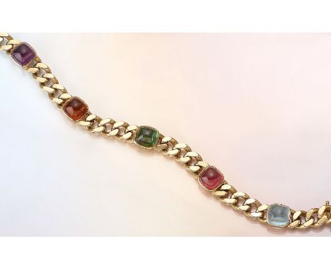 14 kt Gold Flachpanzerarmband mit Farbsteinen,GG 585/000, Cabochons in Carreeform Amethyst, Citrin, Aquamarin, grüner und pin