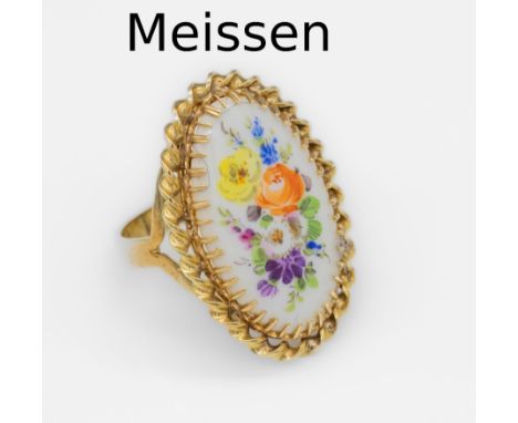 14 kt Gold Ring mit Porzellaneinlage,   GG 585/000, MEISSEN, Porzellanmalerei mit bunten deutschen Blumen, Kordelrandverz., t