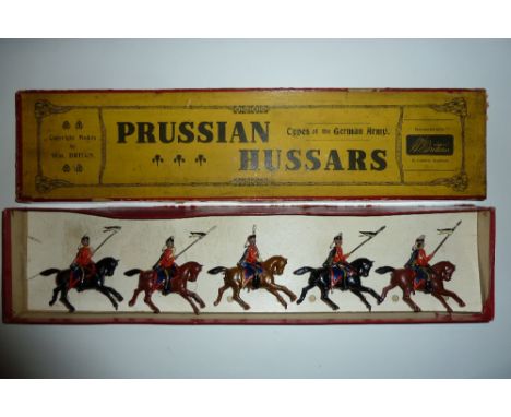 Britains set 175, Prussian Hussars FIRST VERSION, dated, with officer, trumpeter in original printers decorated box (G, one l