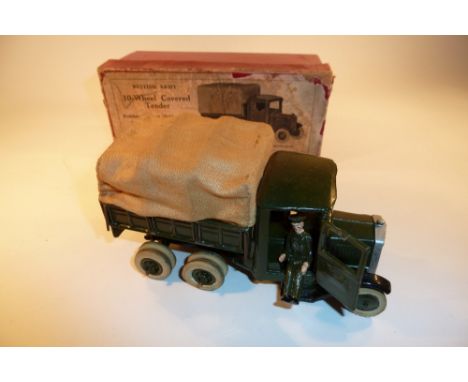 Britains set 1432, Army ten wheel Tender square nose, dark green finish, smooth white rubber tyres, with driver in original i