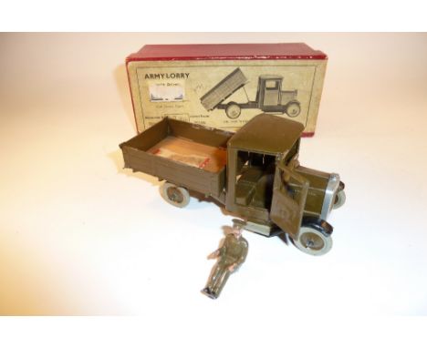 Britains set 1334, four wheel Army Lorry square nose, khaki finish, solid metal tyres, with driver in original illustrated bo