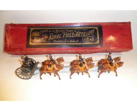 Britains set 144, Royal Field Artillery six horse collar harness team with limber and two seated RASC men in original gold on