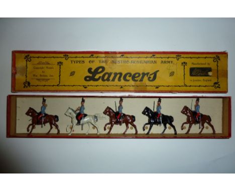 Britains set 175, Austrian Lancers FIRST VERSION dated 12.12.1902 with officer and trumpeter in original printers decorated b