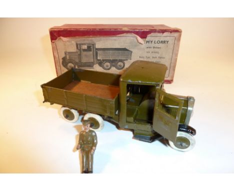 Britains set 1335, six wheel Army Lorry square nose, khaki finish, smooth white rubber tyres, with driver in original illustr