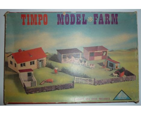 Timpo Farm in original box components in nine interior boxes with two playbases, set 169 Large Farm House with playbase, six 