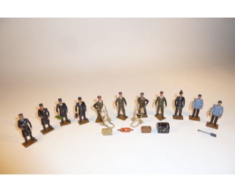 * Britains Railwaymen from set 158 Stationmaster, Ticket collector, Guard with flag, Guard with lamp, Porter with trolley (tw
