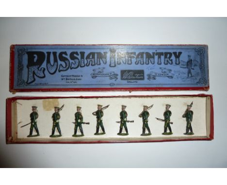 Britains set 133, Russian Infantry FIRST VERSION, oval bases, dark green uniform, four at slope, three at trail with officer,