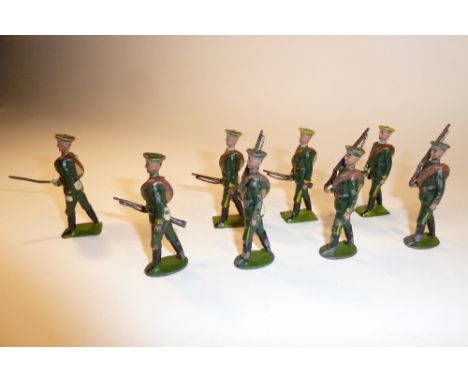 Britains from set 133, Russian Infantry FIRST VERSION, oval bases, dark green uniform, three at slope, one at trail (F, two w