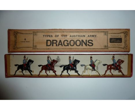 Britains set 176, Austrian Dragoons FIRST VERSION dated 12.12.1902 with officer and trumpeter in original printers decorated 